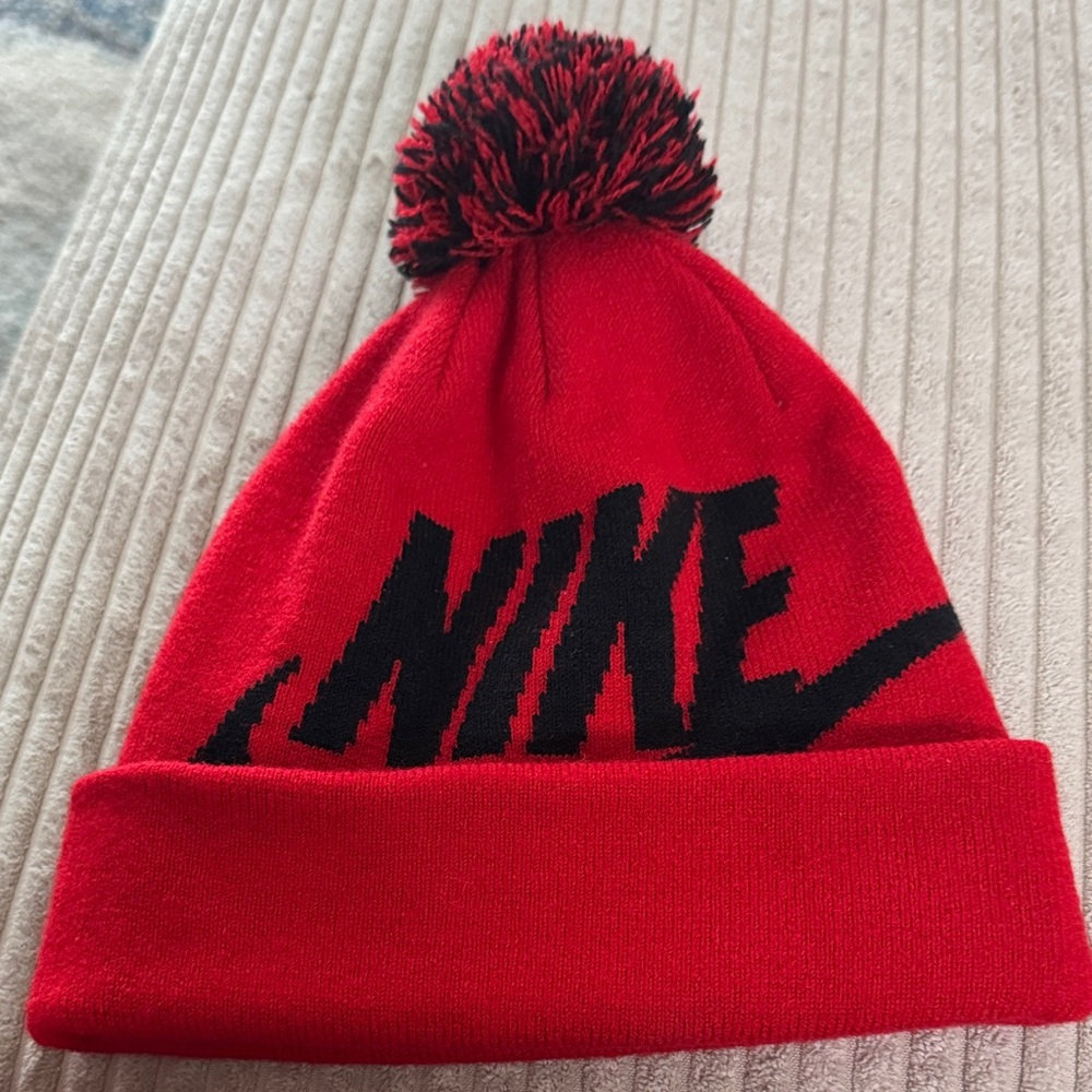 Nike Kids Bold Red Beanie with Pom-Pom